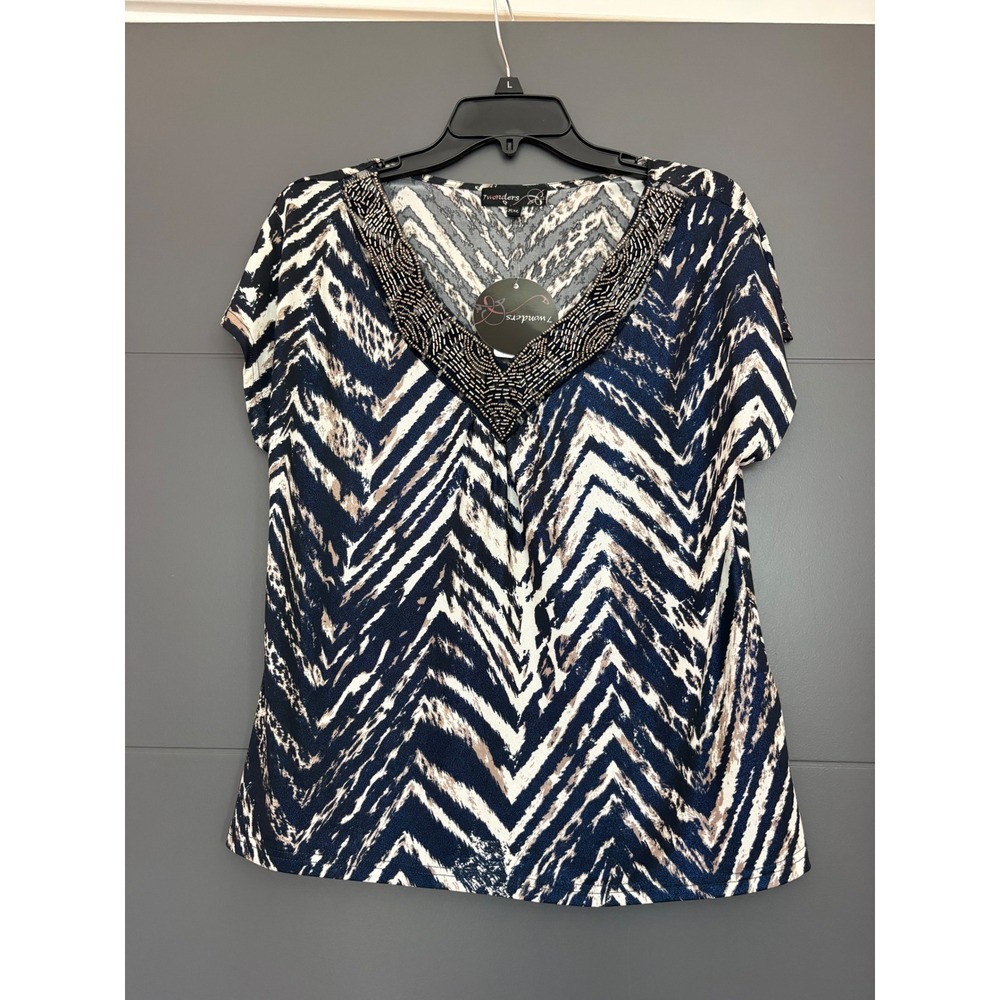 7 Wonders Womens Beaded V-Neck Chevron Animal Print Top Navy White PM NWT
